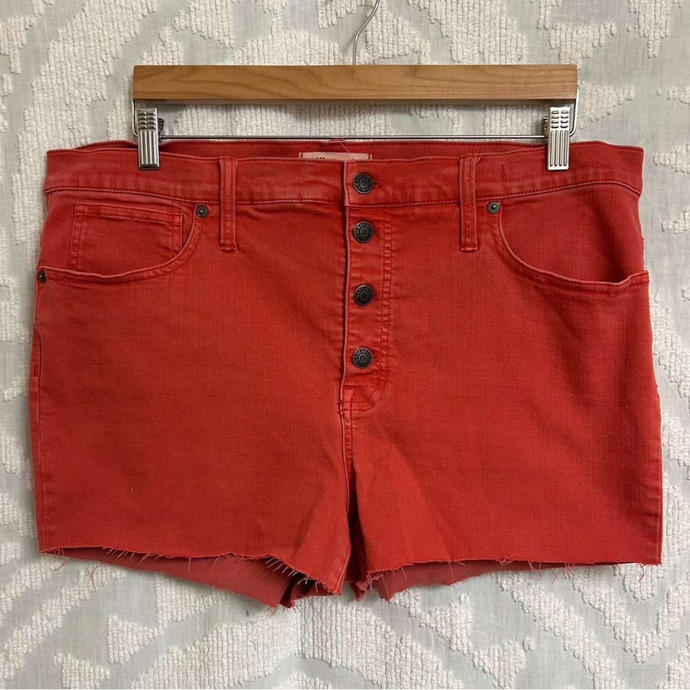 Madewell 9” High Rise Button Fly Stretch Cutoff Short Shorts in Red Orange